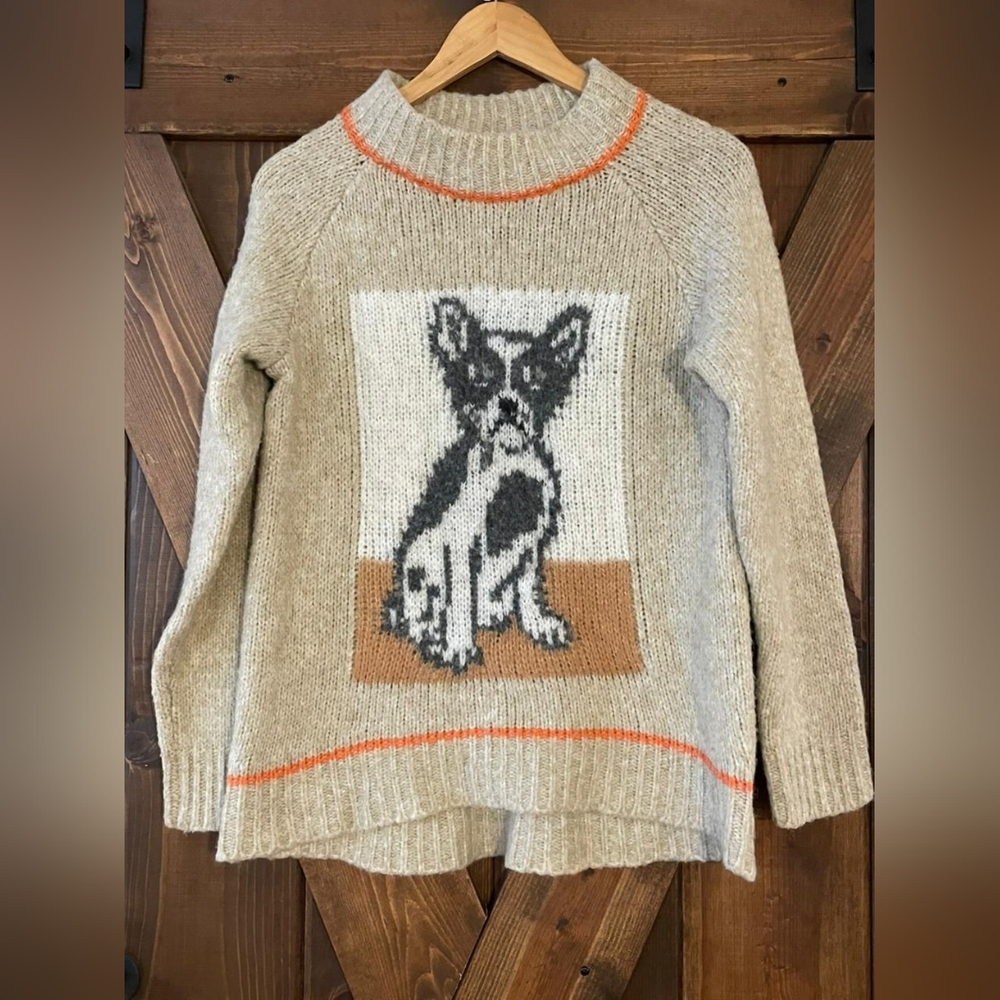 Aerie Oversized French Bulldog Boston Terrier Knit Sweater in Beige Oatmeal - Picture 4 of 8